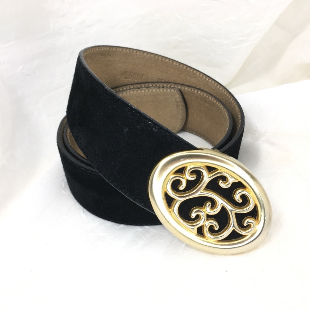 Vintage Talbots Black Suede Belt with Gold Filigree Statement Buckle